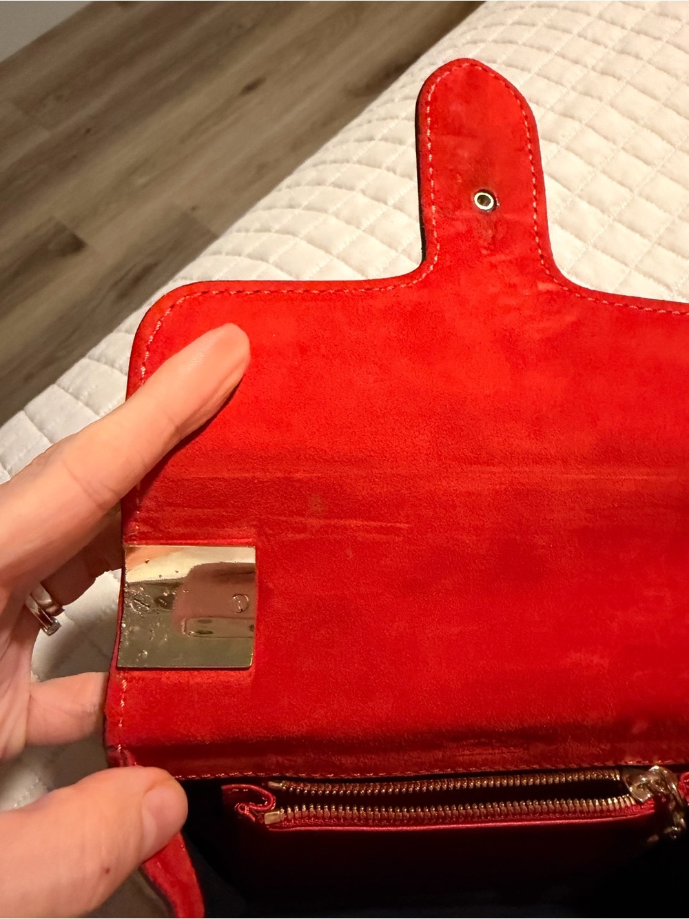 Red Suede Top-Handle Women's Bag with Gold Hardware - Picture 7 of 7